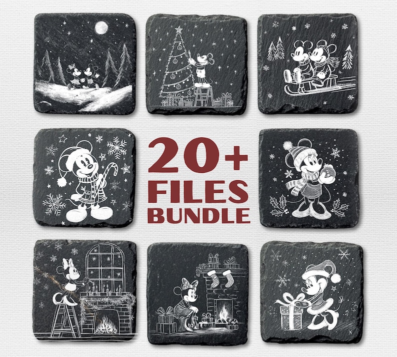 File per incisione su ardesia natalizia di Mikey Mouse, Illusion Laser PNG, Laser Burn, Sottobicchieri in ardesia PNG, Glowforge, topo e amici, incisione laser immagine 1