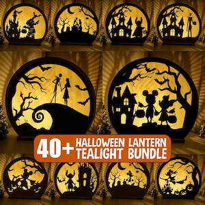 May include: A collection of Halloween-themed tealight lanterns. Each lantern features a circular wooden frame with a cutout design, including silhouettes of haunted houses, characters, and bats. The text "40+ Halloween Lantern Tealight Bundle" is also visible.