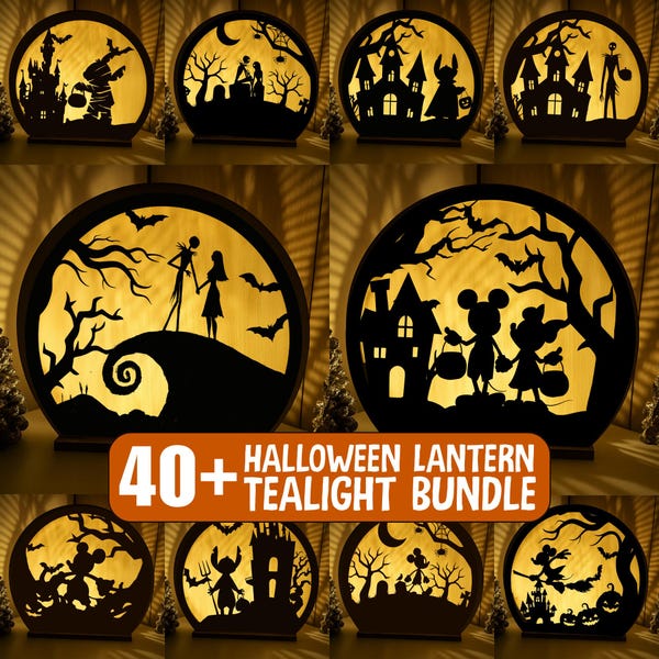 Spooky Mikey Stich nachtmerrie kerstmis halloween lantaarn theelichthouder bundel, muis heks boomhut vleermuizen spookscène lamp lasergesneden