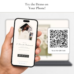 May include: A smartphone displaying a digital wedding invitation demo with an envelope graphic, a couple's photo, event details for Borcelle Restaurant, and a countdown timer. A separate white square with a black QR code labeled Scan the QR Code.