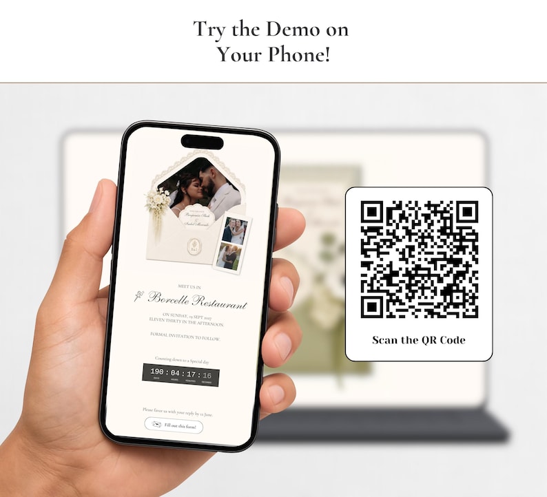 May include: A smartphone displaying a digital wedding invitation demo with an envelope graphic, a couple's photo, event details for Borcelle Restaurant, and a countdown timer. A separate white square with a black QR code labeled Scan the QR Code.