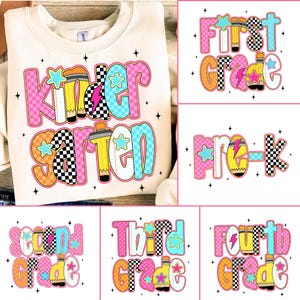 Retro Neon Back to School PNG Bundle, Girly Pink Bow, Hand Drawn, Colorful Coquette Kindergarten Pre-K 1st 2nd 3rd 4th Grade Png