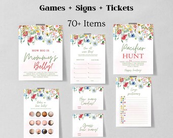 May include: Printable baby shower game cards with floral designs. The games include "How Big Is Mommy's Belly?", "How Old Were They?", "Pacifier Hunt", "Guess How Many Candies!" and "Emoji Pictionary".