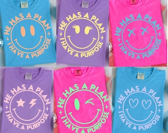 6 Él tiene un plan, yo tengo un propósito. Jesús, Dios, paquete cristiano, emoticono, fe, camisetas cristianas, neón religioso.