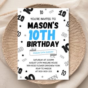 Convite de 10º aniversário de menino, convites de aniversário de menino, 10º aniversário, download instantâneo de convites de número de menino 1167