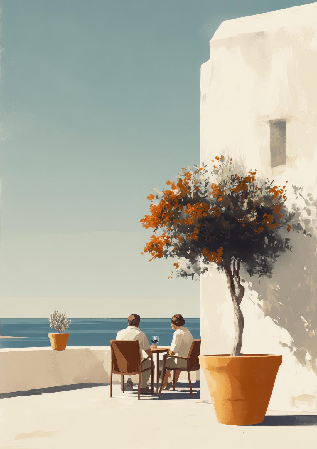 Mediterranean Terrace Poster | Seaside Cafe Print, Coastal Wall Art - Etsy