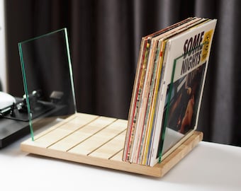 Oak Wood Vinyl Record Storage Rack – Modern Glass LP Display