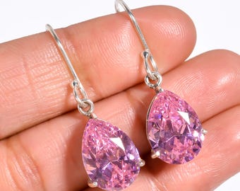 925 Sterling Silver Handmade 925  Pink Kunzite Pear Dangle Earrings