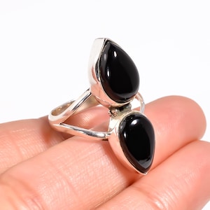 Black Onyx Pear Stone Ring: Sterling Silver Boho Statement Ring