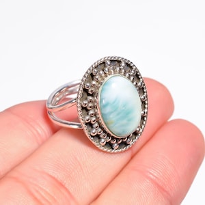Handmade Larimar Ring: Oval Blue Gemstone, 925 Sterling Silver