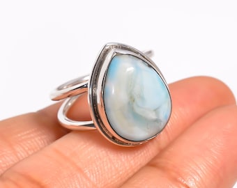 YoTreasure 10x14mm Larimar Statement Ring In Oxidized .925 Sterling Silver | Handcrafted Gemstone Women's Jewelry Gift