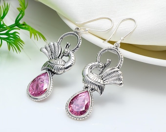 Handmade 925 Sterling Silver Pink Kunzite Parrot Dangle Earrings