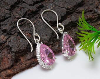 Handmade 925 Sterling Silver Pink Kunzite Pear Earrings