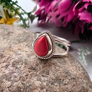 925 Sterling Silver Ring, Handmade Red Gemstone Ring, Twisted Band Ring, Boho Statement Ring, Gift for Her, Red Coral Teardrop Ring,