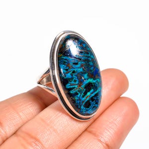 Azurite Malachite Statement Ring: Oval Gem, 925 Sterling Silver