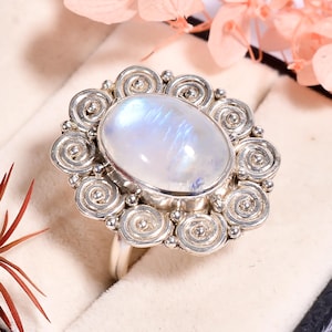Oval Rainbow Moonstone Ring: 925 Sterling Silver Statement Ring