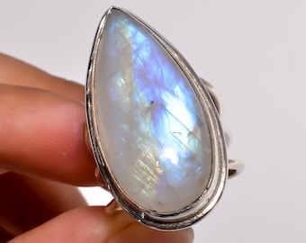 Handmade Pear Rainbow Moonstone Ring, 925 Sterling Silver Statement Jewelry