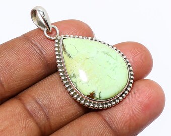 Lemon Chrysoprase Heart Pendant, Green Gemstone, 925 Sterling Silver