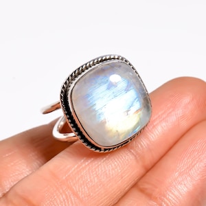 Rainbow Moonstone Sterling Silver Ring: Square Stone Statement Jewelry