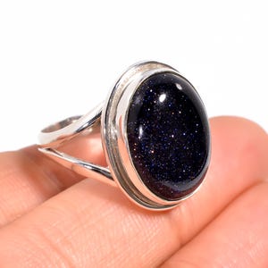 Oval Blue Sunstone Ring: Handmade 925 Sterling Silver Statement Jewelry