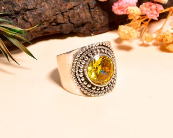 925 Sterling Silver Handmade  Citrine Ring, Artisan Yellow Gemstone Jewelry