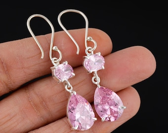 925 Sterling Silver Handmade Pink Kunzite Pear Drop Earrings