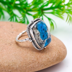 Handmade K2 Jasper Ring: Cushion Blue Azurite, 925 Sterling Silver