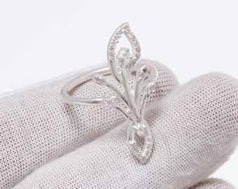 925 Sterling Silver Cubic Zirconia Leaf Ring, Handmade Statement Jewelry