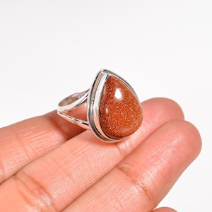 Red Sunstone Ring: 925 Sterling Silver Pear Stone, Boho Style