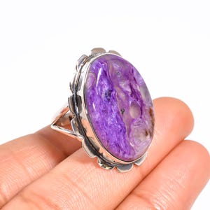 Large Charoite Stone Ring: 925 Sterling Silver Solitaire