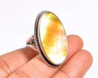 Handgemaakte ovale parelmoeren ring 925 sterlingzilver: statement
