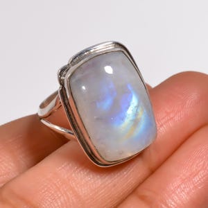 Solid 925 Sterling Silver Rings - Rainbow Moonstone Rings - Solitaire Rings - Cushion Rings For Women - Statement Rings For Women Jewelry
