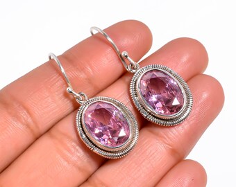 Handmade Sterling Silver Kunzite Dangle Earrings, Pink Gemstone