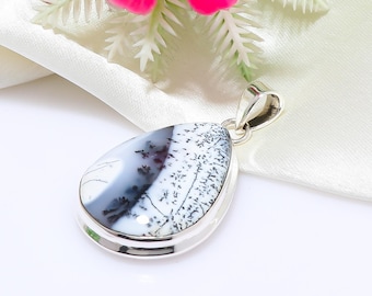 Dendrite Agate Opal Pendant, Pear 925 Sterling Silver
