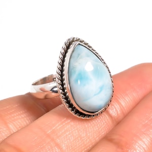 Handmade Pear Larimar Ring: 925 Sterling Silver Statement Jewelry
