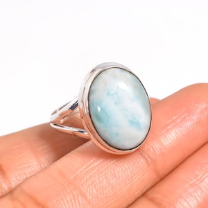 Oval Larimar Ring: Handmade 925 Sterling Silver Gemstone Jewelry