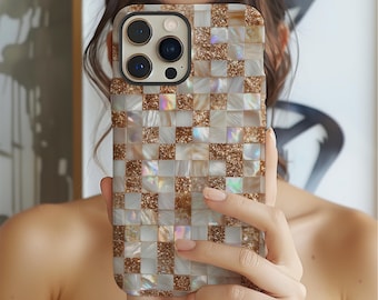 Bronze Pearl Phone Case: Iridescent Checker Mosaic Design for iPhone, Samsung Galaxy, and Google Pixel