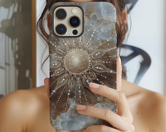 Celestial Gem Sunburst Phone Case: Cosmic Pearl Mandala Design for iPhone, Samsung Galaxy, and Google Pixel