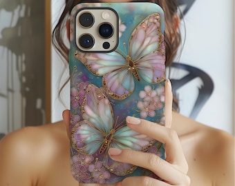 Elegant Pastel Butterfly Phone Case for iPhone Samsung Pixel – Iridescent Floral Art Design Protective Cover Aesthetic Gift for Her