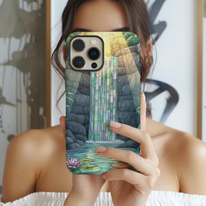 Waterfall Stained Glass Illusion Tough Case, Tranquil Nature Scene Phone Cover | iPhone 16, 15, 14, 13, Samsung S24, 23 Case