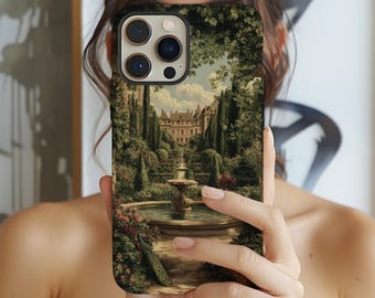 French Tapestry Phone Case for iPhone Samsung Pixel: Vintage Garden, Elegant Castle Fountain Scene with Lush Greenery and Classic Art Design