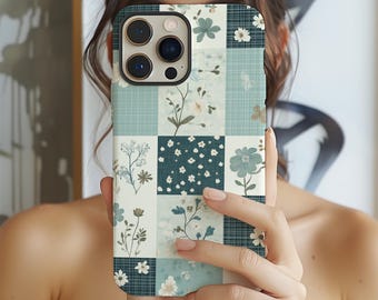 Meadow Quilt Phone Case: Blue Floral Patchwork Design for iPhone, Samsung Galaxy, and Google Pixel