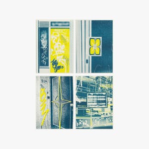 Risograph print, 4 Kaarten A6 - Street Art Series - Teal en Geel