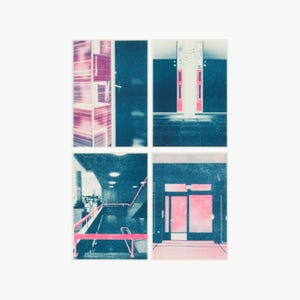 Risograph print, 4 Kaarten A6 - Architecture Series - Teal & Roze
