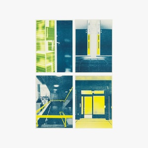 Risograph print, 4 Kaarten A6 - Architecture Series - Teal & Geel
