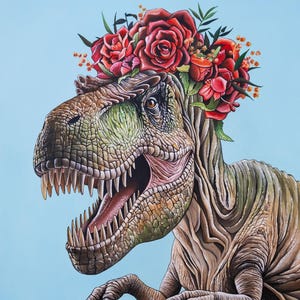 DINOSAURO Stampa Edizione Limitata, T-Rex Frida Kahlo, Arte Giurassica, Ritratto ad Acrilico, Fine Art, Wall Art, Regalo.