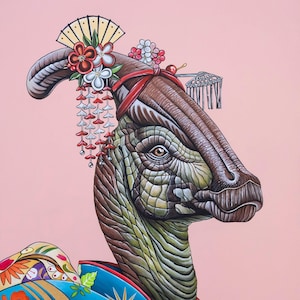 DINOSAURO Stampa Edizione Limitata, Maiko Giapponese, Jurassic Park, Pittura Acrilica, Fine Art, Geisha, Parasaurolophus, Wall Art, Gift.
