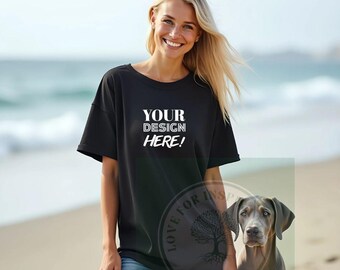 Gildan 5000 Black T-Shirt Mockup, Blonde Woman and Weimaraner Beach Mock, Simple, Trendy, Casual Summer or Fall Aesthetic