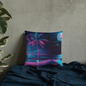 Neon Tropical Palm Tree Pillow - Aesthetic Vaporwave Moonlit Beach Cushion - Cyberpunk Synthwave Decor for Sofa, Bed & Lounge