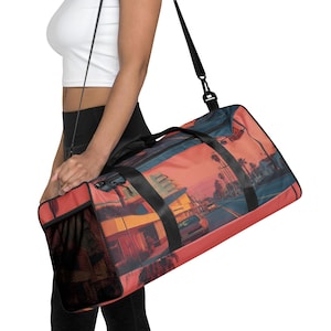 Retro Sunset Palm Tree Duffle Bag - Vintage Aesthetic Travel Bag - 80s Vaporwave Overnight Gym Bag - Beach Weekender Tote - Road Trip Bag